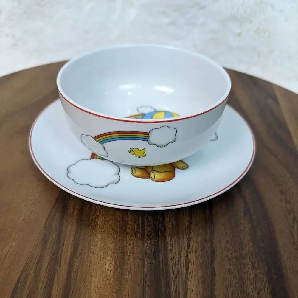 Andrea Sadek Japan Porcelain Childs Kids Plate Bowl Rainbow Teddy Bear Parachute